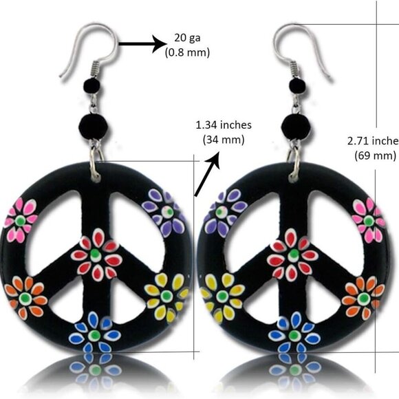 Peace Sign Dangle Earrings Organic Wood Hippie Jewelry for Women and Men - Picture 2 of 6
